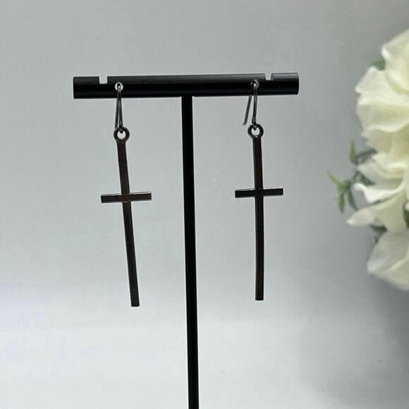 Sterling Silver 925 Thin Long Cross Dangle Earrings - Picture 1 of 8
